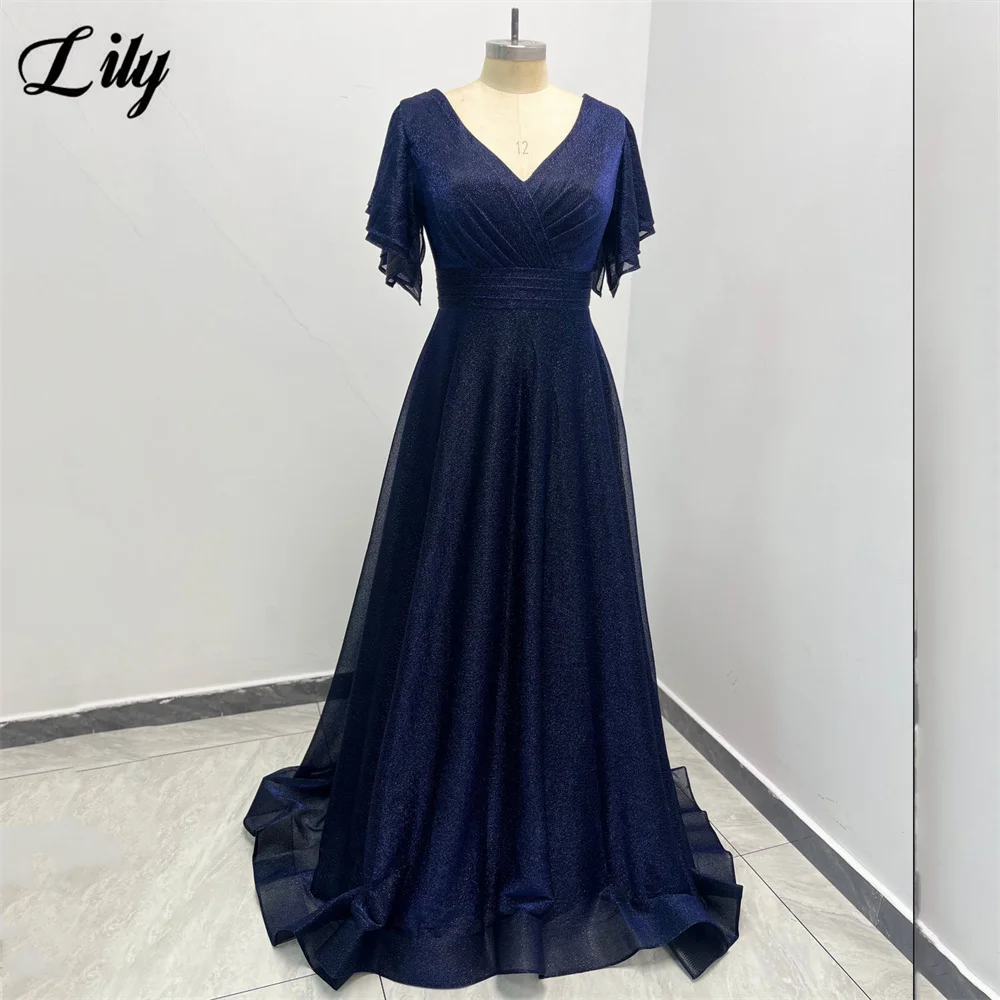 

Lily Dark Blue Shimmery Prom Dress V-Neck Short Sleeves Evening Dresses Ruched Floor-Length for Woman robes de soirée Customized