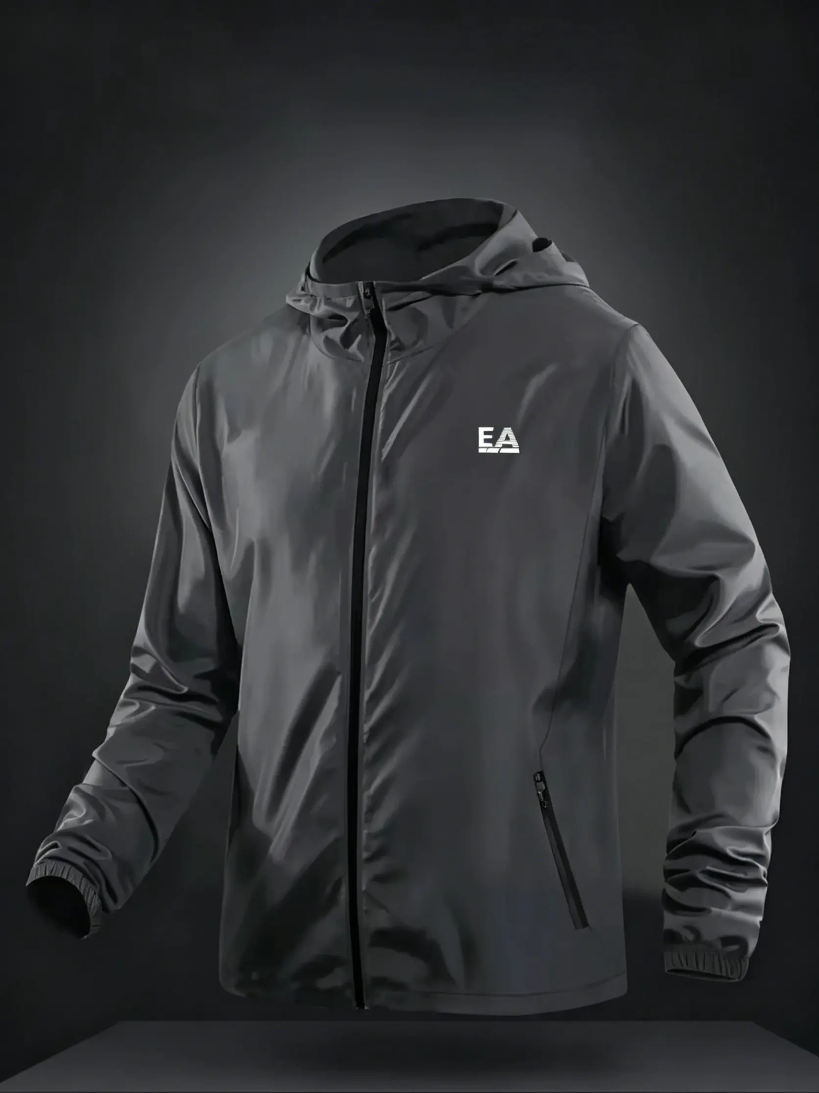 Men's EA Letter Logo Hooded Windbreaker Jacket Lightweight Waterproof Casual Outdoor Zip-Up Coat image 6