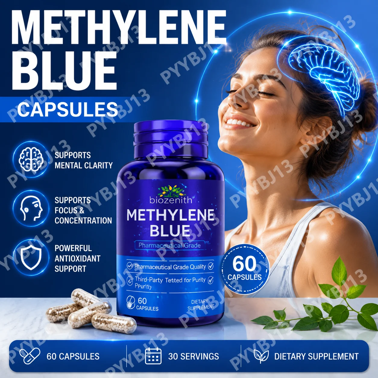 Methylene Blue Capsules SOLOTREE 12mg + Vitamin C Ester + Cacao, Cellular Energy & Brain Health Antioxidant Supplement, 60 Vegan