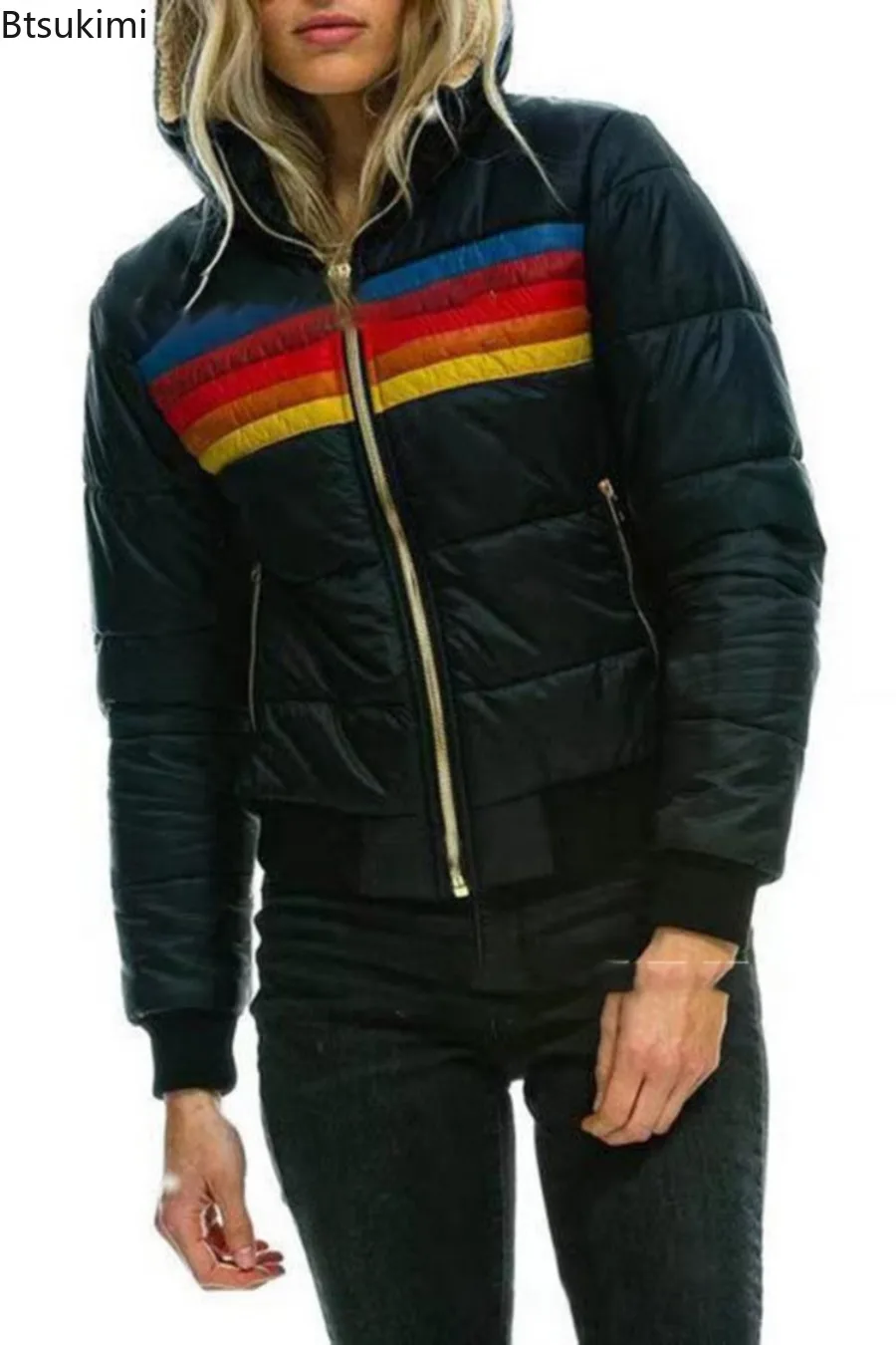 2025秋冬新作ファッションストライプジッパー付きパーカー レディース コットン製レインボージャケット スプライシングポケット付きレディースアウター
