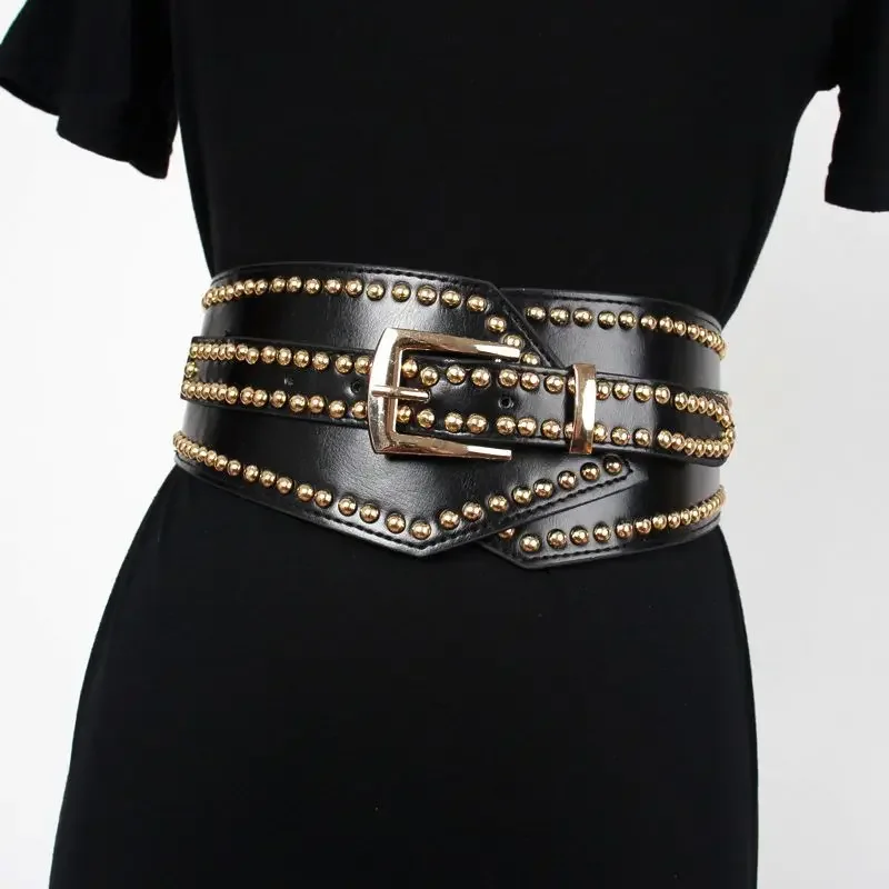 

Black Belt Elastic Waistband Wide Waistband Famous Brand Belt Women Luxury Designer Brand New Rivet Hepburn