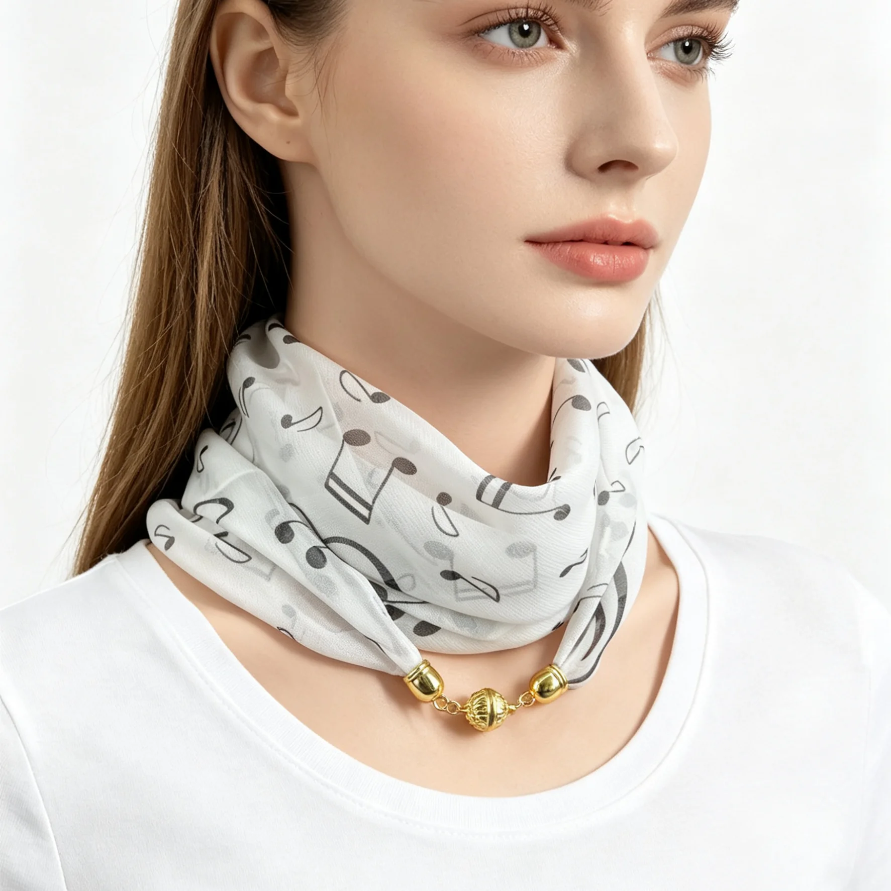 Musical Note Print Magnetic Buckle Scarf, Light Square Neck Wrap, Easy Wear Stylish Decor Travel Shooting Daily Fashion Matching