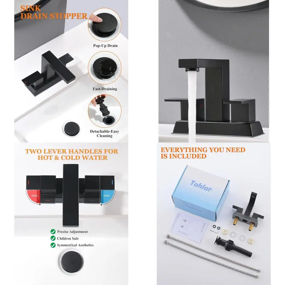 

Матовый черный смеситель для раковины с 2 ручками и 4 центральными краями и выдвижным сливом, бессвинцовые шланги для ванной или туалета на колесах