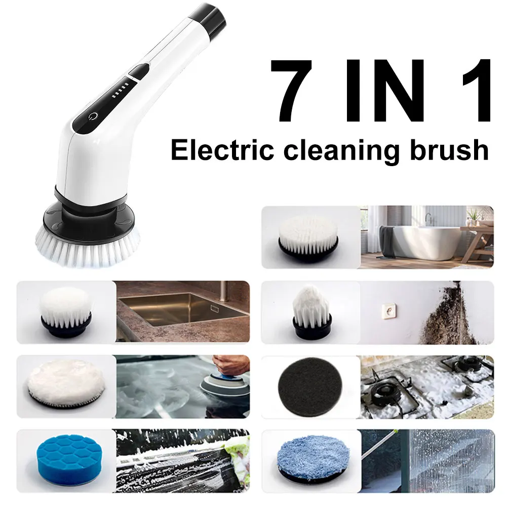 7 In 1 Cordless Cleaning Brush Multipurpose Window Cleaner with 8 Replacement Brush Heads for Bathroom Kitchen Bathtub Glass Car