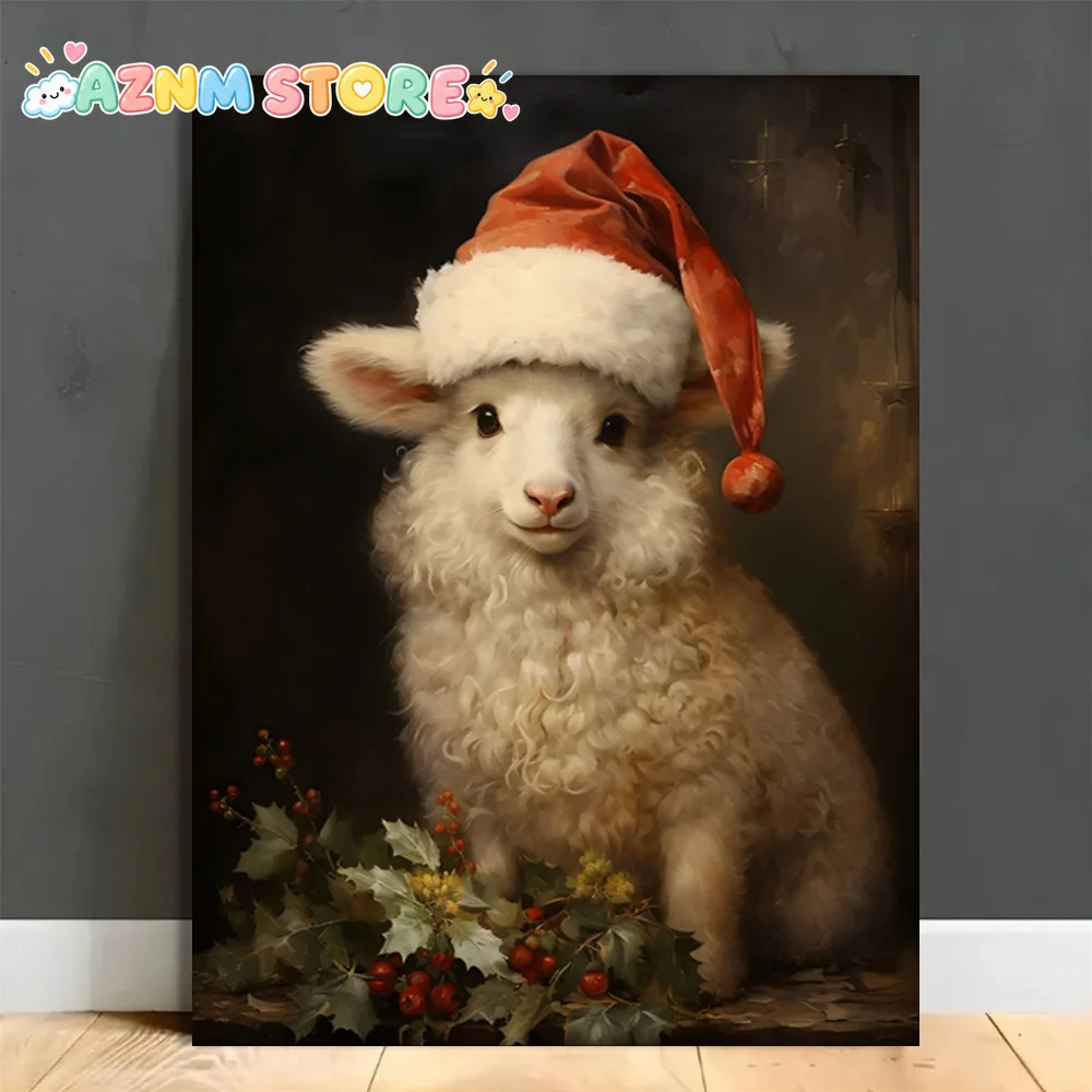 2027 1pc  Canvas Artwork Featuring a Vintage Christmas Sheep Design in a Wooden Frame, Inspired by Victorian Style, Available