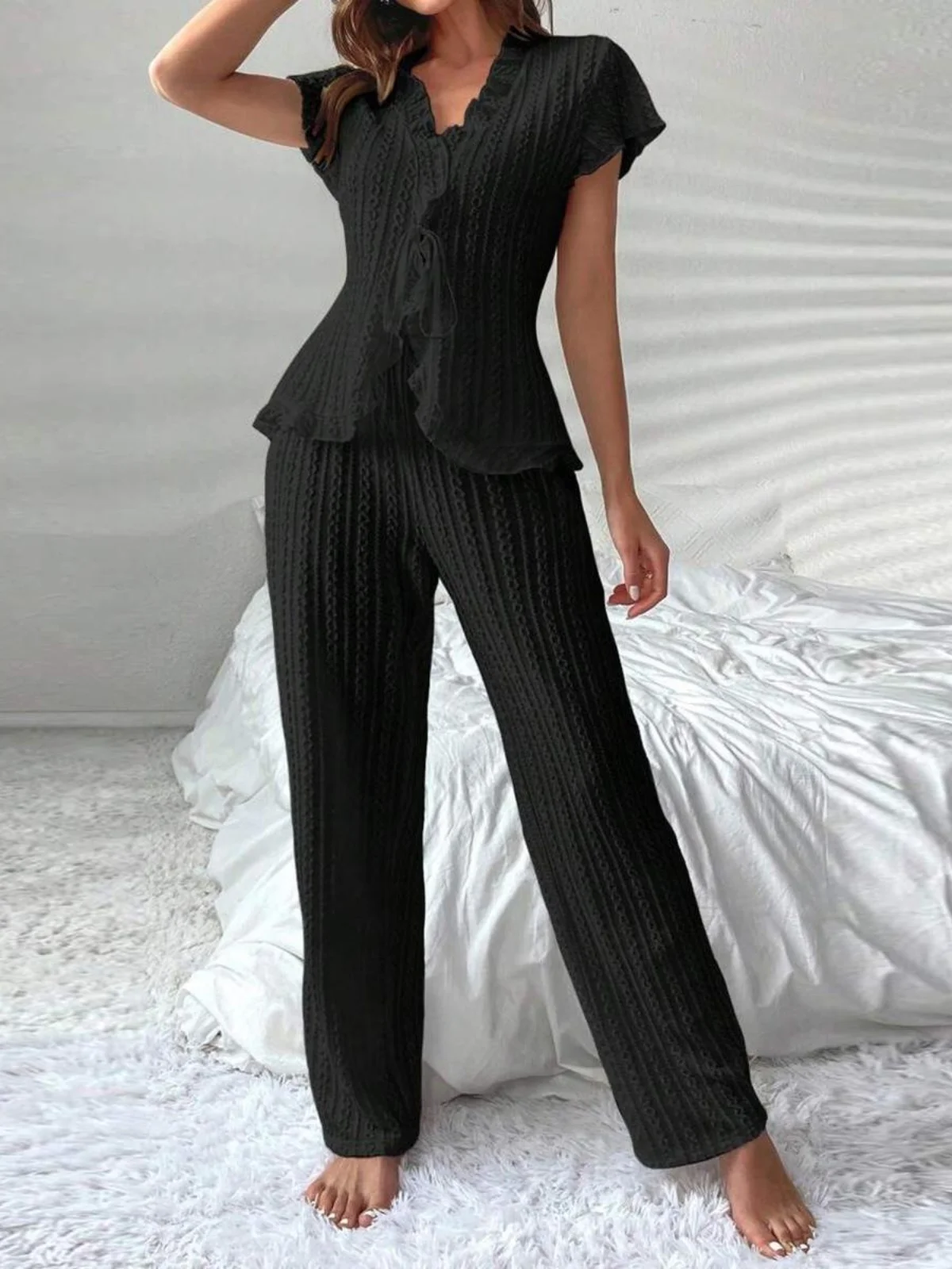 

Сексуальные модные длинные брюки ort Sve, комплект из двух предметов, женская домашняя одежда, топ и брюки V-Ne, комбинированный весенний комплект 2025, Sle