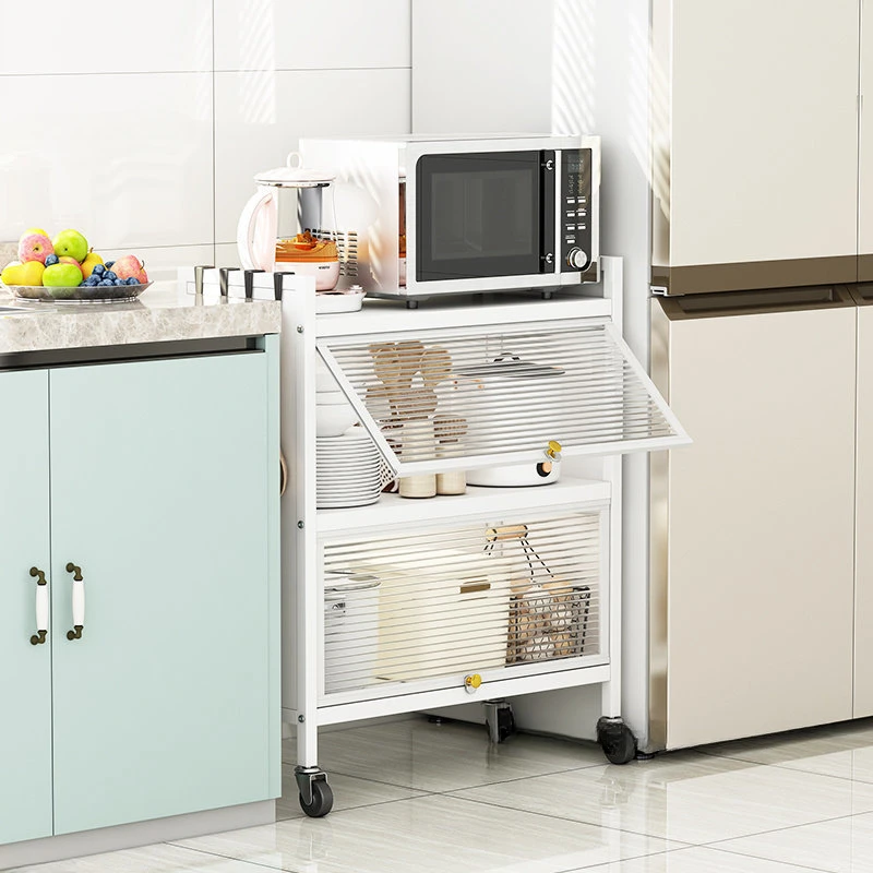 Carbon Steel Kitchen Cabinets Home Removable Floor Rack Tableware Cupboard Multilayer Microwave Oven Storage Cabinets with Door