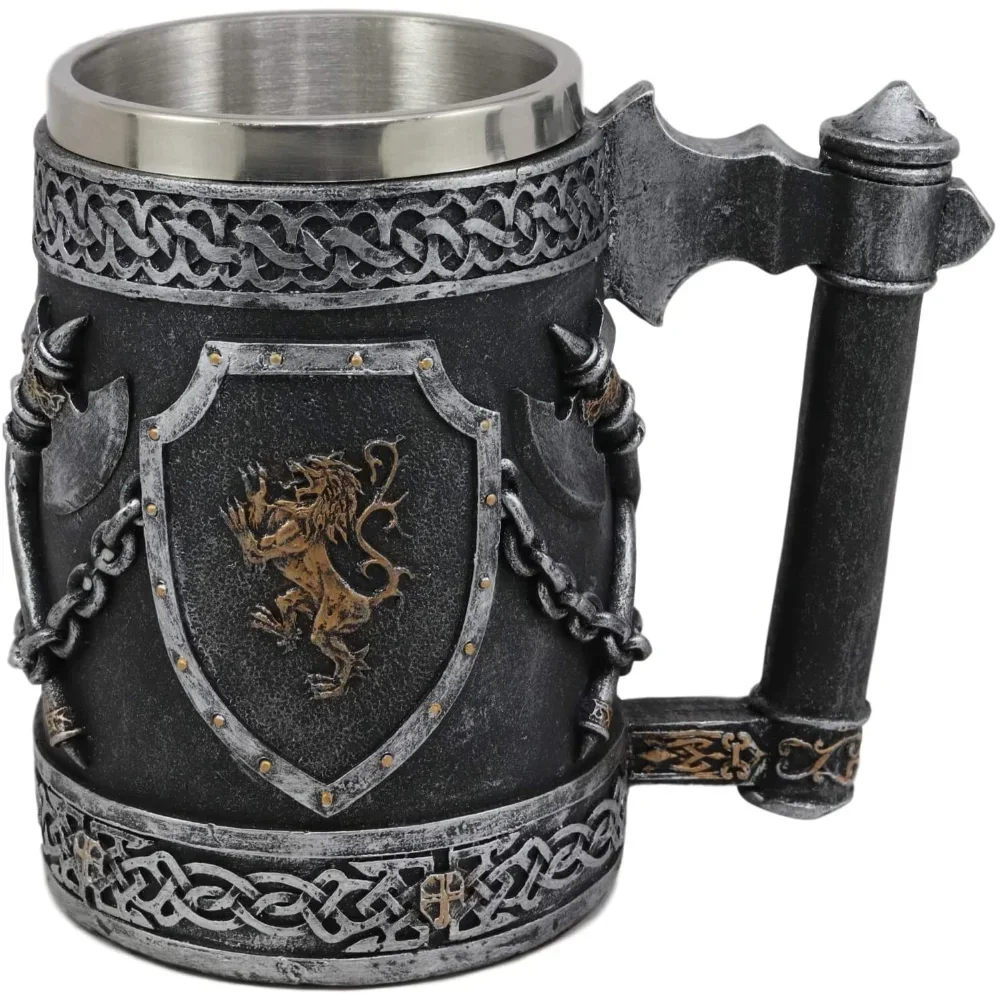 Large Medieval Coat of Arms English Lion Heraldry Shields and Crossed Axes Tankard Beer Mug Coffee Cups and Mugs for Gift