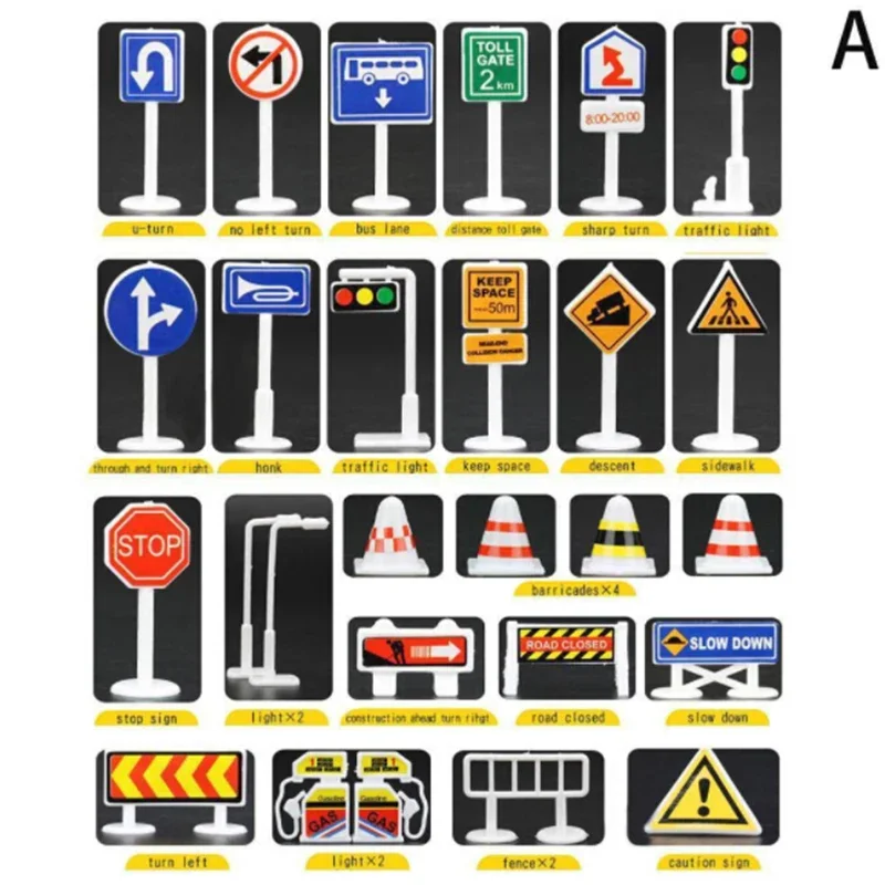 28pcs English Road Sign Mini Traffic Signs Road Light Block Car Toy Children Safety Kids Playmat Traffic Sign RC Toy For Gift