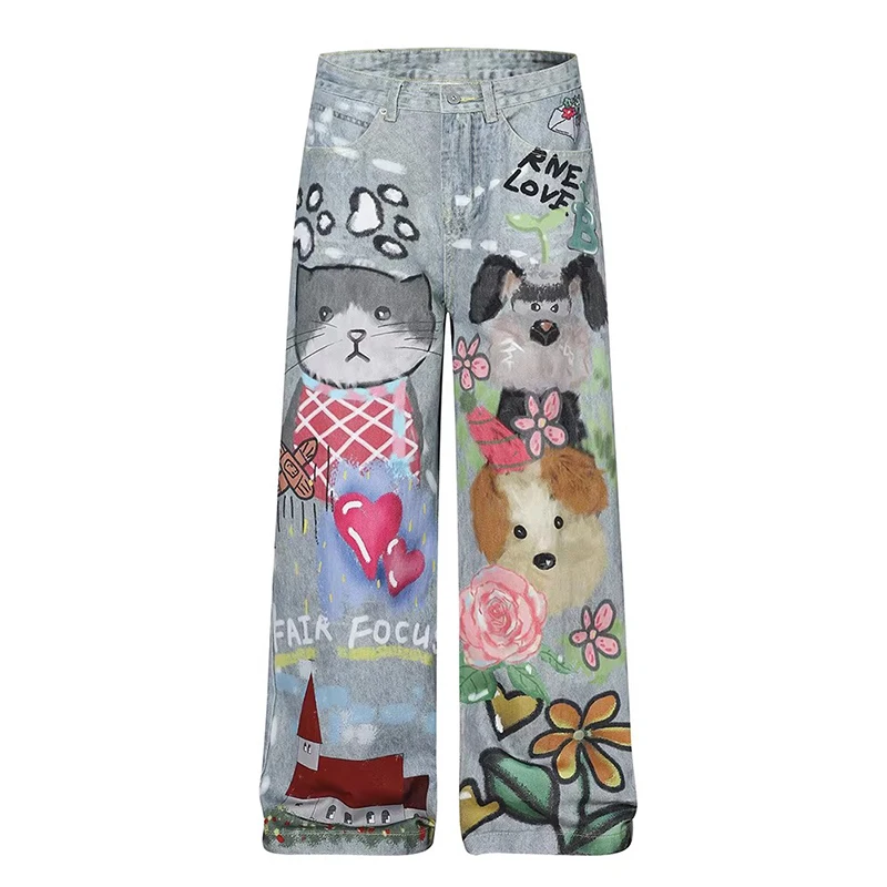 Spring Women Colorful Graffiti Baggy Jeans Cutecore Cartoon Animal Pattern Straight Wide Leg Pants Y2k Vintage Streetwear