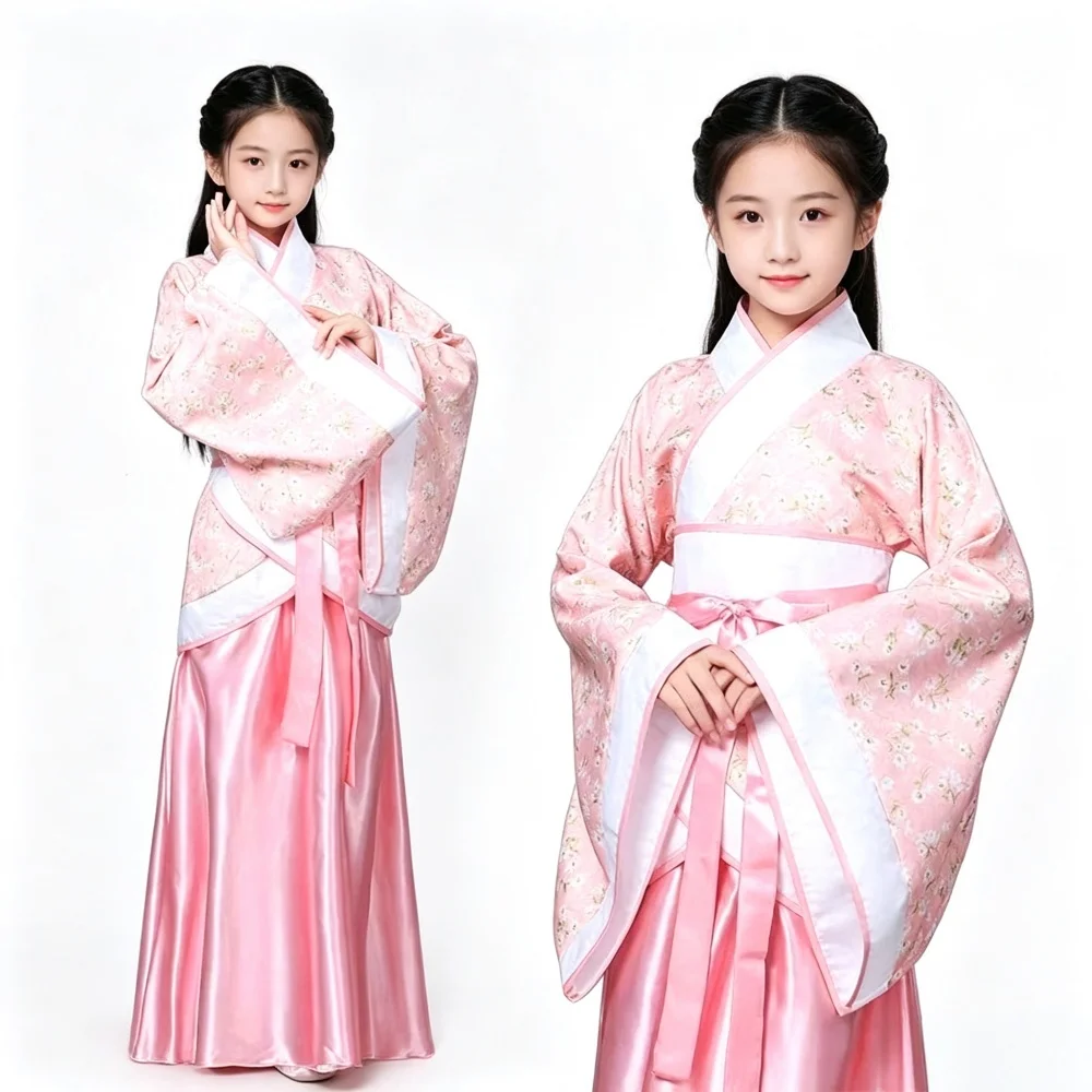 Girls Hanfu Set Wide Sleeve Floral Print Kids Chinese Ancient Costume for Stage Performance School Show Cosplay Photo Shoot
