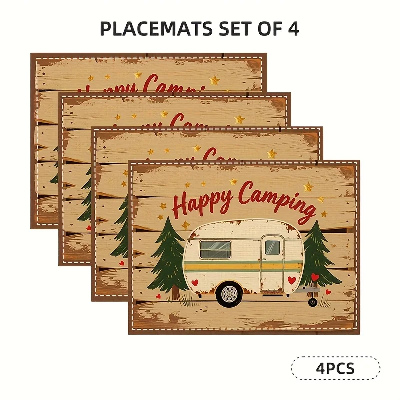 

4pcs Camping Print Placemats Set - Holiday Dining, Kitchen Table Decor, Party Decoration Festive 12x18 Inches