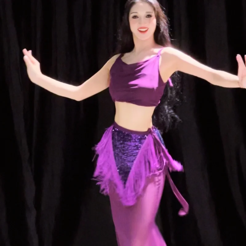 

Комплект BellyDance, женский сексуальный топ на бретелях + длинная юбка «рыбий хвост» + шарф с кисточками, 3 предмета, одежда для соревнований по восточному танцам живота