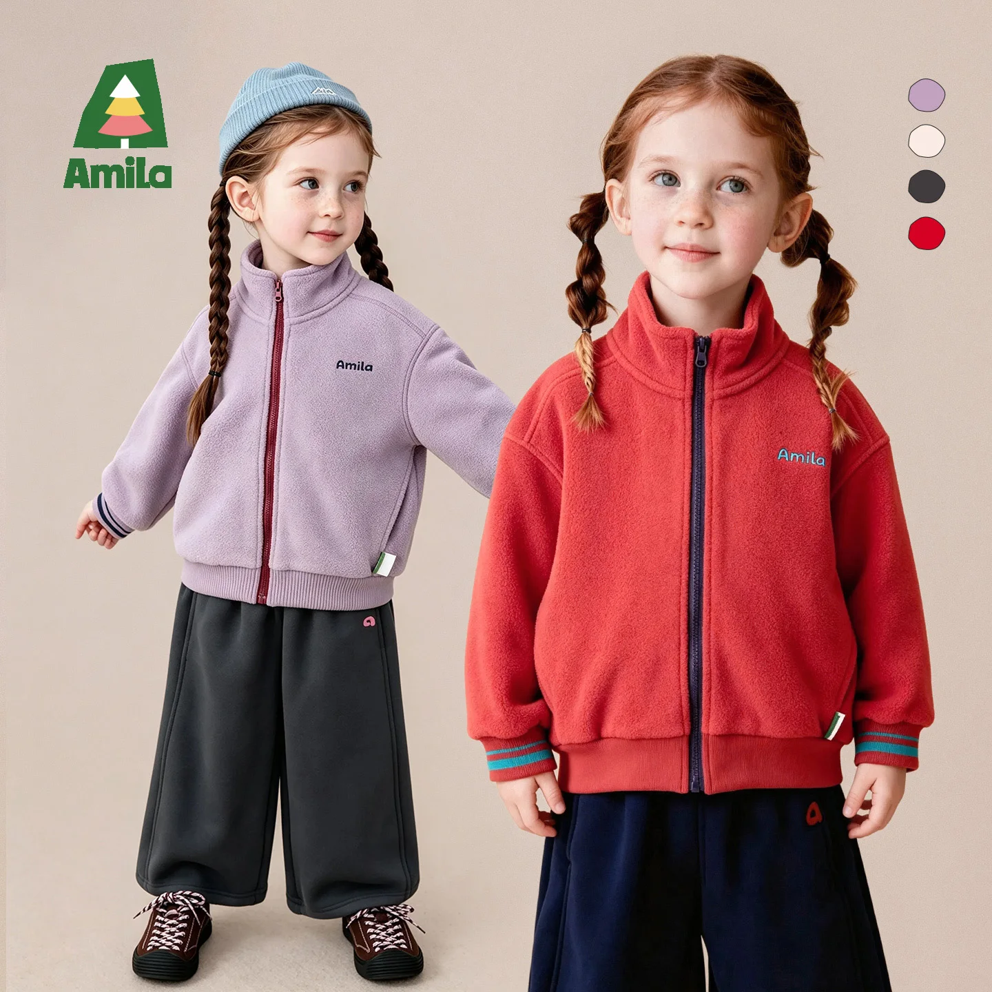 Amila 2026 Winter New Kids Fleece Jacket Stand Collar Zip Warm Lock Thermal Embroidery Soft Comfortable Daily Versatile Top