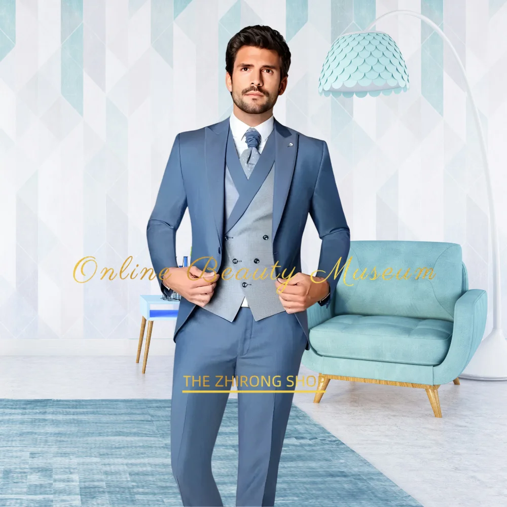 Men's 3-piece wedding suit (jacket + vest + pants) peak lapel blazer grey vest groom cocktail dance party blue custom tuxedo