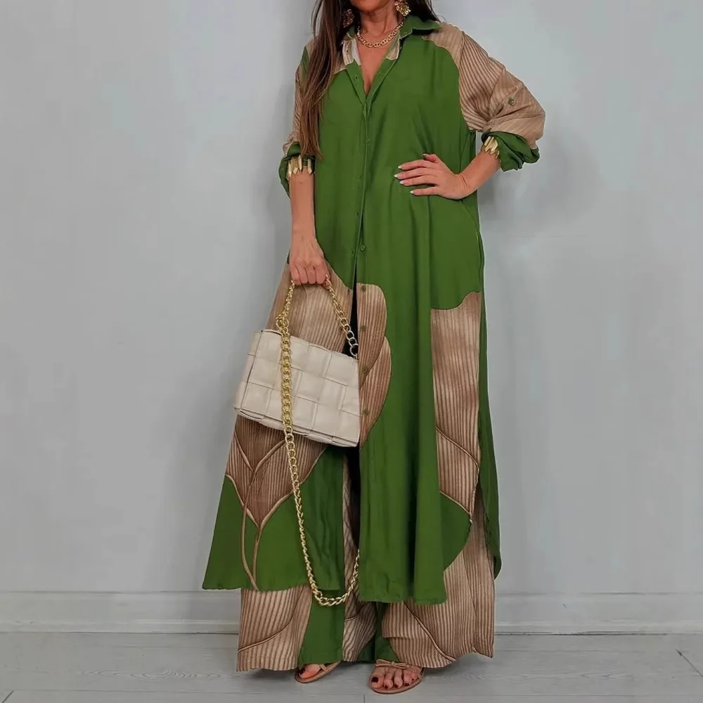 Setelan Wanita Motif Patchwork Musim Semi, Atasan Kerah Lapel Lengan Panjang Kancing Satu Baris, Celana Kaki Lebar Kasual Longgar, Setelan Dua Potong