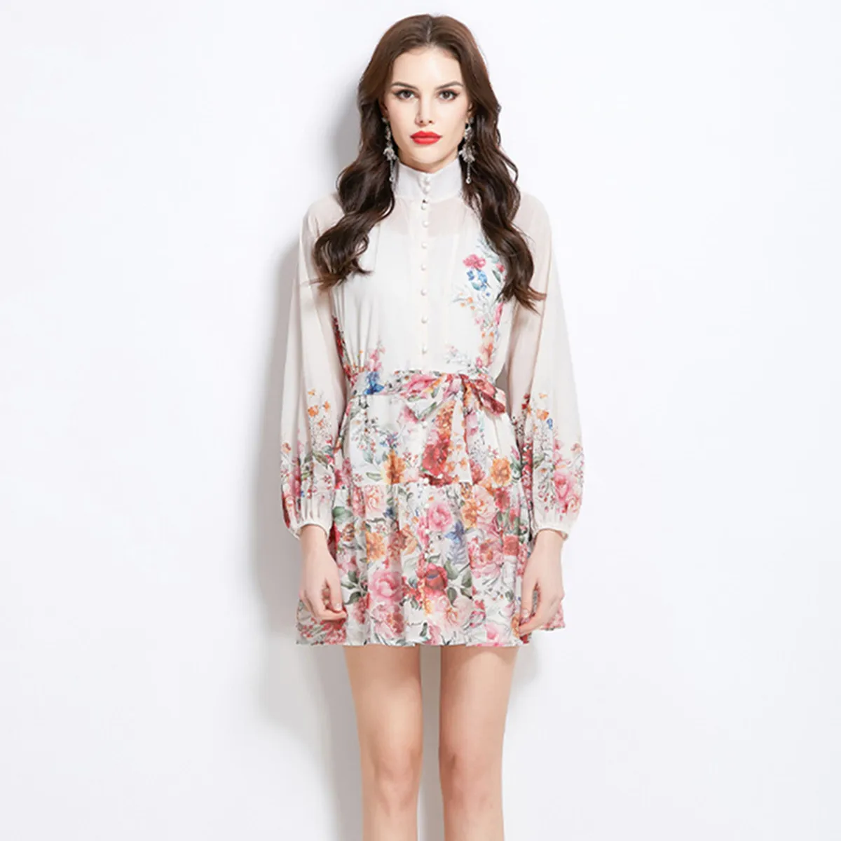 2025 Spring and Summer Vacation Women Clothing New Floral Oil Painting Style Printed Chiffon Standing Collar Short Dresses