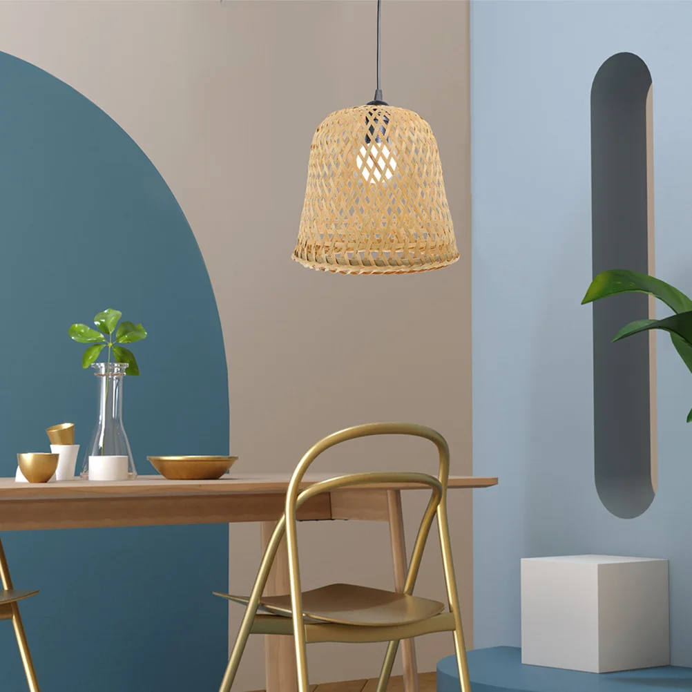 2 قطعة عاكس الضوء قلادة الخيزران المنسوجة غطاء خفيف معلق ريفي نمط الثريا الظل للمنزل فندق ديكور #2