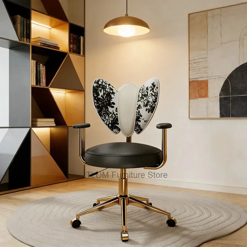 Luxury Vanity Chair with Butterfly Backrest, Metal Base & Swivel Wheels, Modern Upholstered Makeup Stool for Bedroom