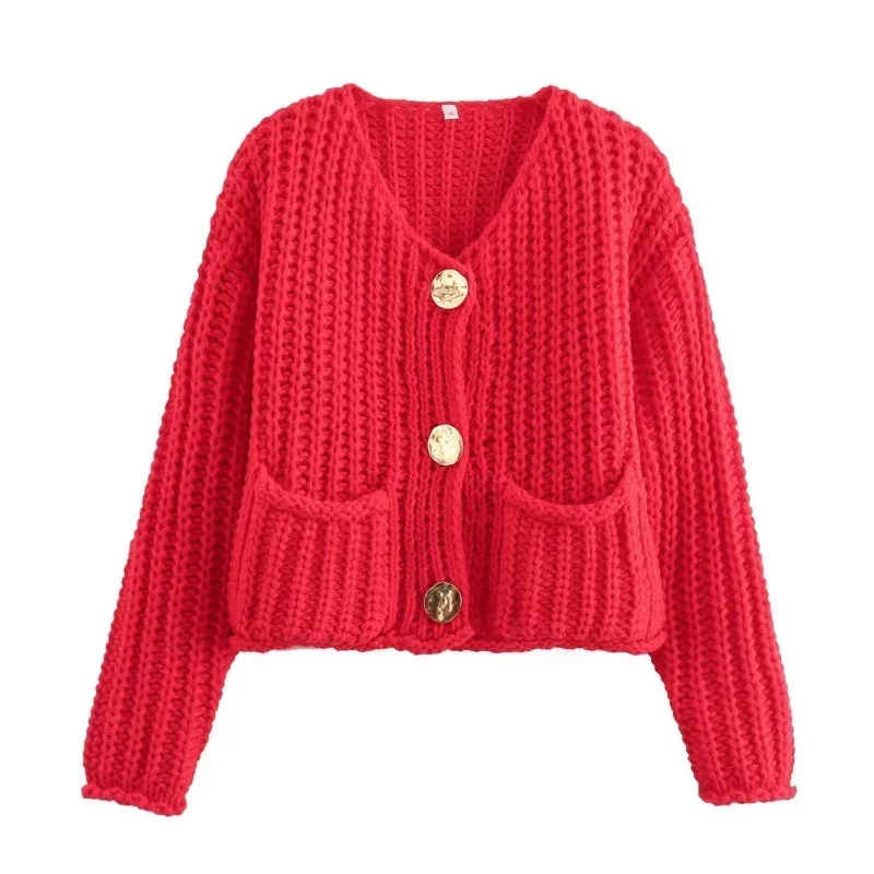 2026 New Solid Color Single Row Round Button Sweater Women Comfortable Casual Double Pocket Coat Fashionable V-neck Knitted Tops