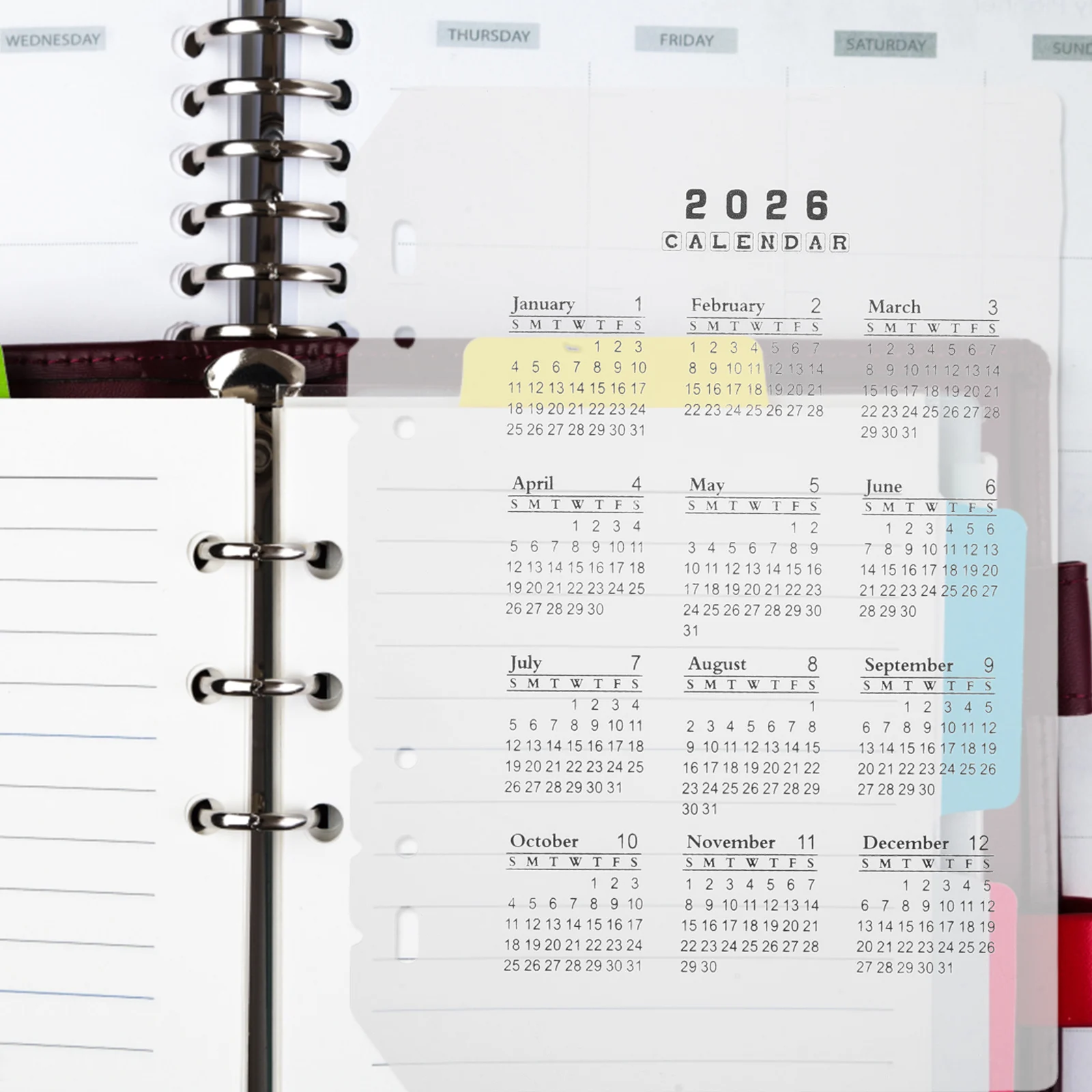 

4pcs A5 Frosted Plastic Calendar Notebook Dividers 2026 Diy 6-Hole Planner Refills With Tabs Pp Material For Date
