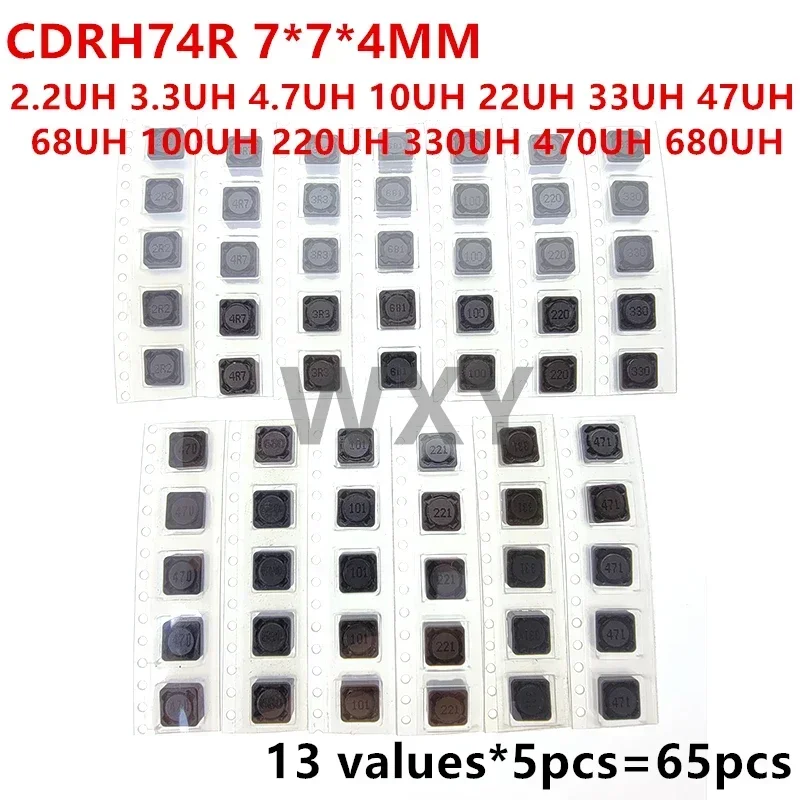 65pcs SMD Power Inductor Assortment Kit 13 Values Shielded 2.2UH-680UH 7x7x4mm CDRH74R for Electronic Components Market
