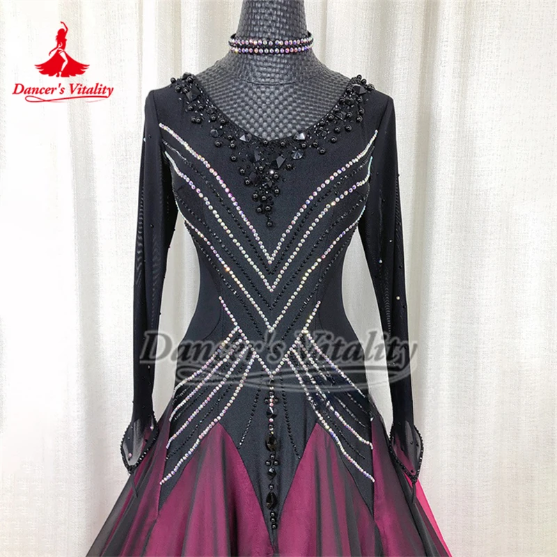 Ballroom Dance AB Stones Long Sleeves Competition Big Swing Dresses Included Necklace Luxurious Customize Waltz Foxtrot Clothing