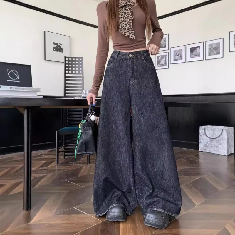 

Washed Denim Vintage Fashion High Waist Jeans for Women, New Autumn American Style Loose Slimming Wide Leg Floor-Length Pants