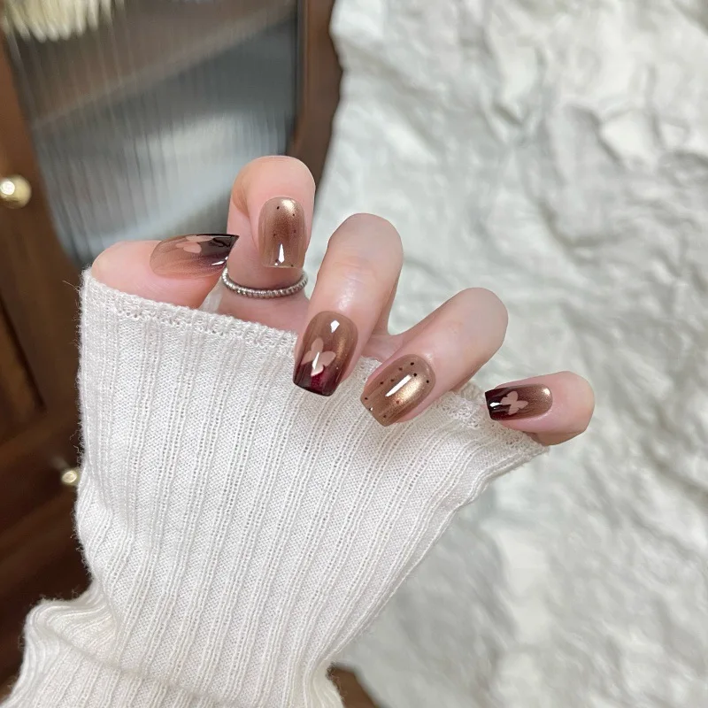 

10pcs Handmade Press On Nails Brown Sparkling Butterfly Cat Eye Full Coverage Nail Tips Girls Removable Square Cute False Nail