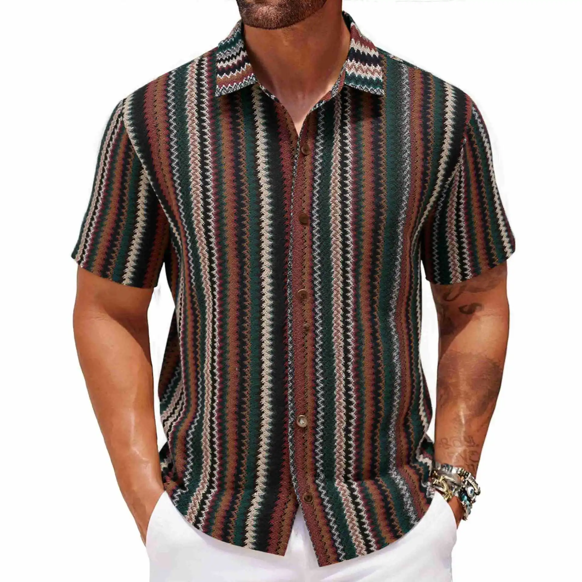 2025 Summer New Men's Ethnic Striped Shirt Boho Lace Mesh Casual Shirt Breathable Linen Blend 3-XXXL
