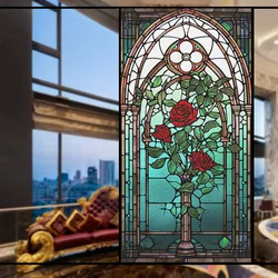30x80cm Retro Church Stained Glass Film Frosted Window Sticker Sun Blocking Static Cling Window Covering Film Home Decorations