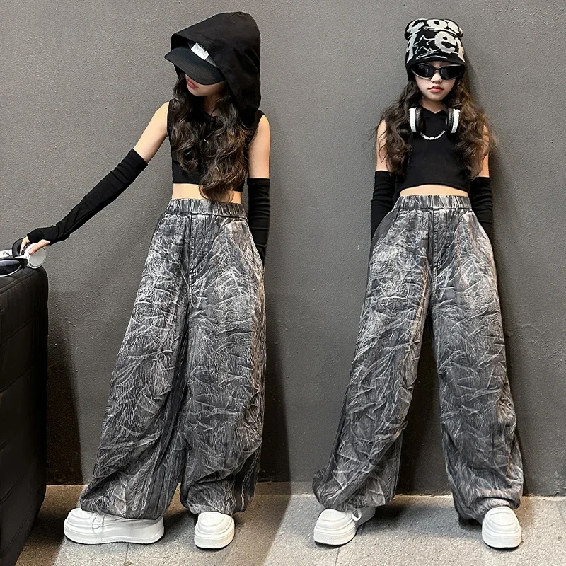 American teen Girl Hip Hop clothes Set tie-dyed fold Haren pants+cotton black arm protection hoodie 2pcs junior kid suit outfits