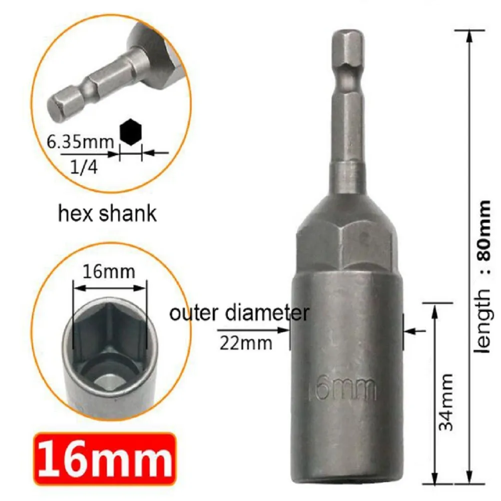 1PC 80mm Length Hex Drive Magnetic Socket  Impact Nut Bolt Drill Bits 5.5-19mm Pneumatic Hexagon Shank Socket Screw Installation