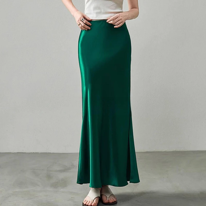 

High Luxury Acetate Satin Long Skirts for Women Spring Summer Elegant Ladies Dark Green Elastic Waist Slim Mermaid Skirts Party