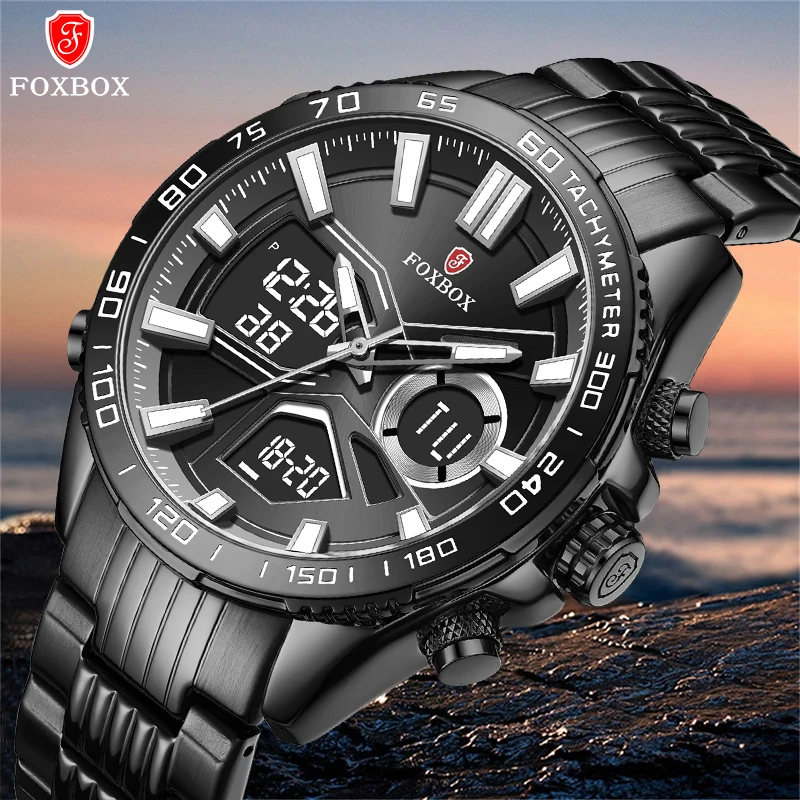 

Luxury Brand FOXBOX New Men's Wrist Watch Military Digital Sport Watches For Man Steel Strap Quartz Clock Male Relogio Masculino