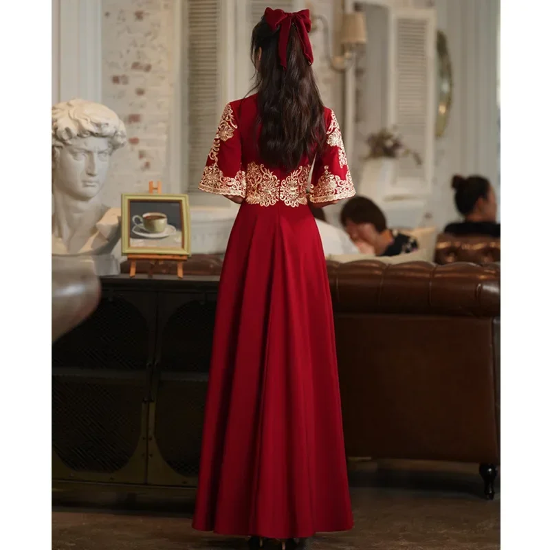 Traditional Red Bridal Dress Chinese Wedding Cheongsam Vintage Elegant Toast Clothing Modern Evening Party Gown Qipao Vestido