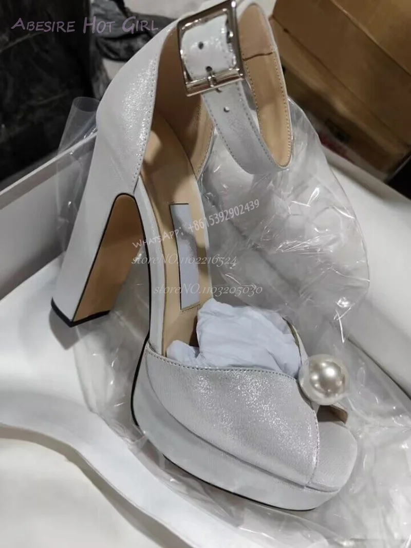 Kobieta perła platformy obcasy Bling różowe sandały Peep Toe gruby obcas marka projekt pokrywa klamry kostki błyszczące buty Party Dress