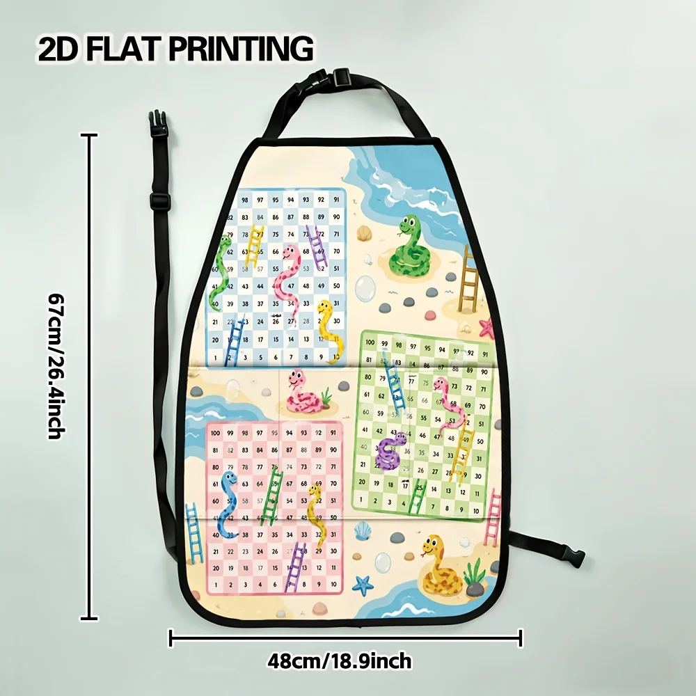 2D Flat, 2pcs Beach Snakes And Ladders Pattern Adjustable Car Kick Mats & Car Seat Back Organizer, Foldable Elastic Band Pockets