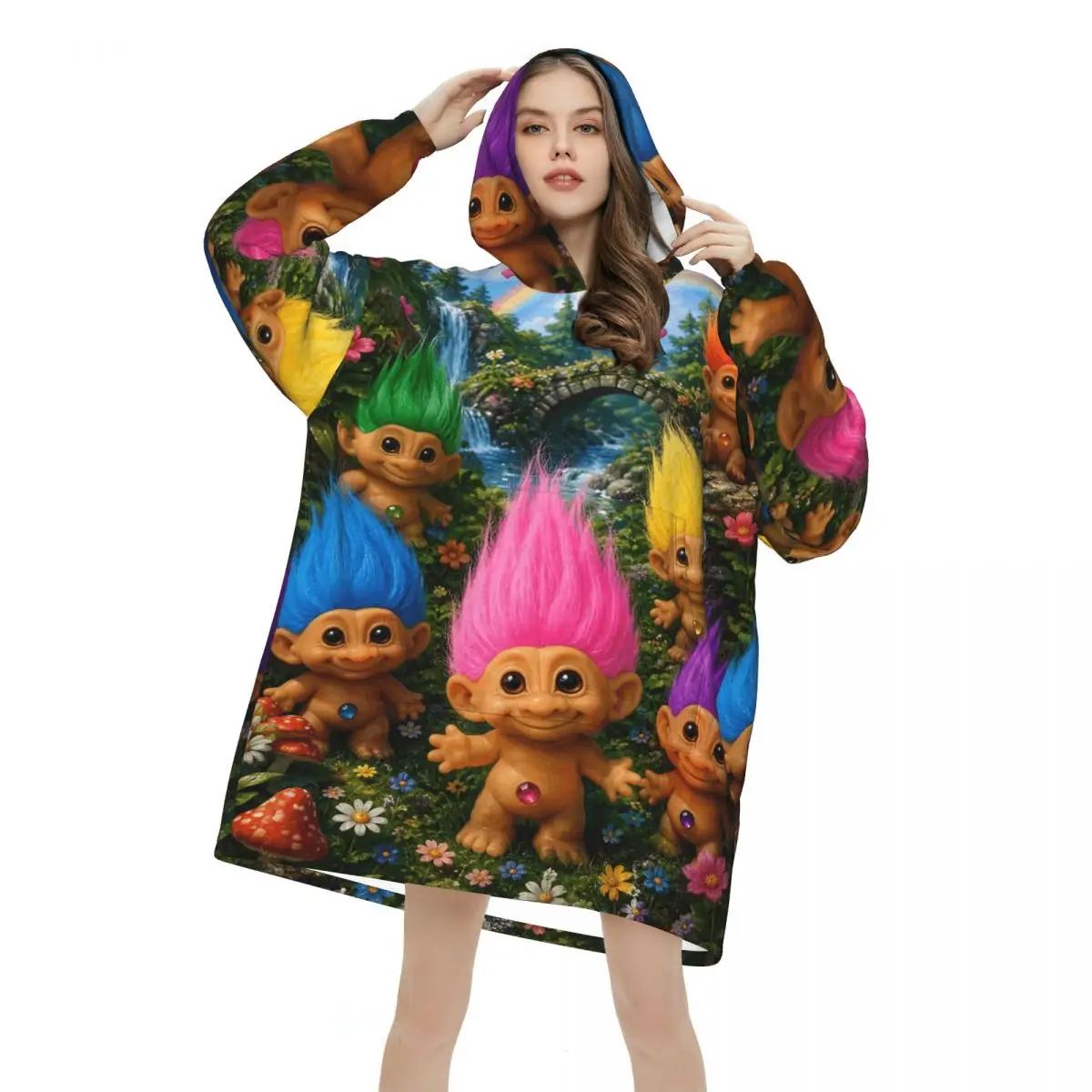 Trolls Dolls Oversized Blanket Hoodie Sweatshirt Long Fleece Hooded Wearable Blanket with Large Pocket for Women Men