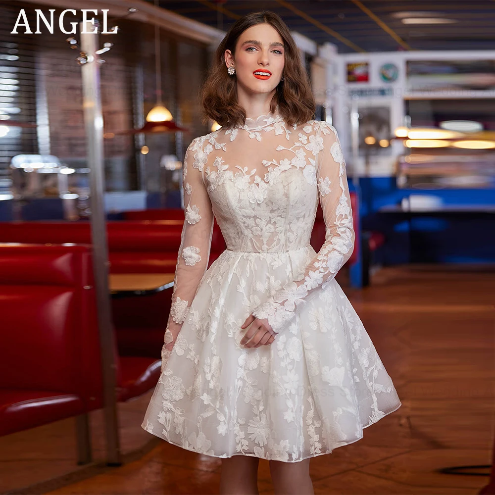 

ANGEL High Neck Long Sleeves A Line Wedding Dress 2 in 1 Short Lace Vestidos De Novia Elegant Tulle Custom Made Bridal Party