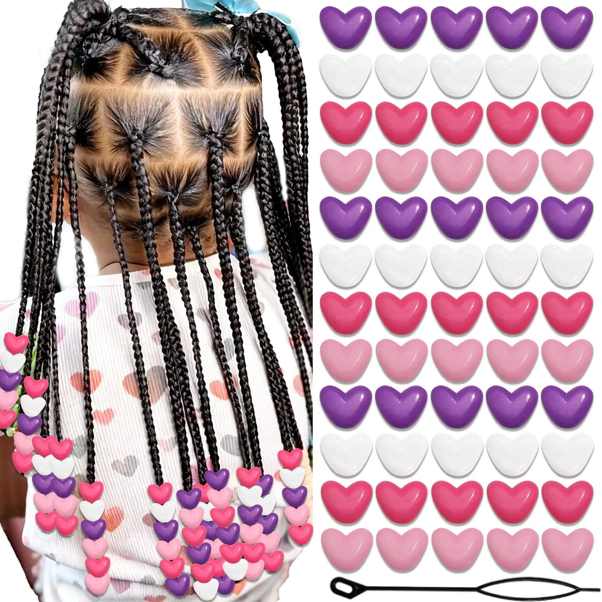 

Acrylic Heart Beads 60pcs for African Braids Hair Dreadlock Beads DIY Headwear Kit Premium Colorful for Women Home Party