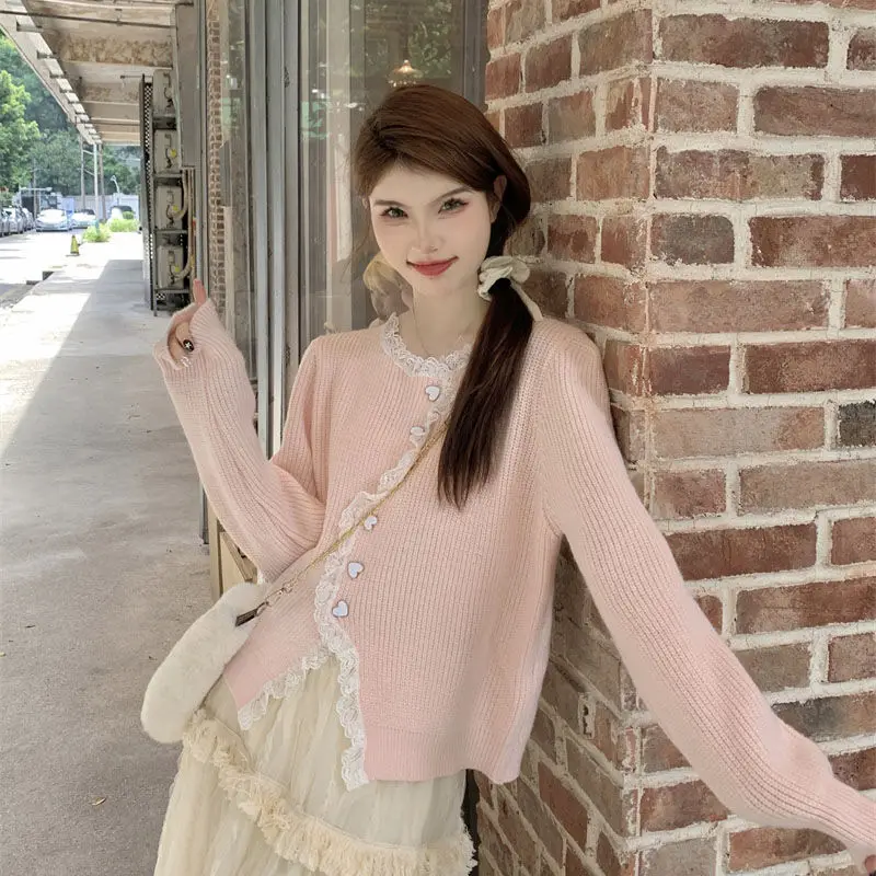 Korean Irregular Lace Patchwork Knitting Cardigan Coat Women Autumn Sweet All-match Sweater O-neck Solid Color Knitwear Tops