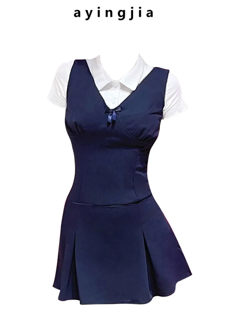 

Летняя синяя женская юбка-трапеция с V-образным вырезом, завязками на талии и высокой талией, укороченная, с эффектом утяжки талии