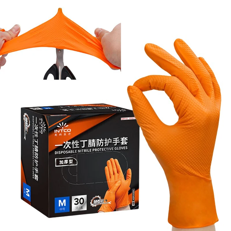 10/30PCS Disposable Gloves With Diamond Textured Grip For Mechanic Safety And Work Gloves Heavy Duty Orange Nitrile Gloves