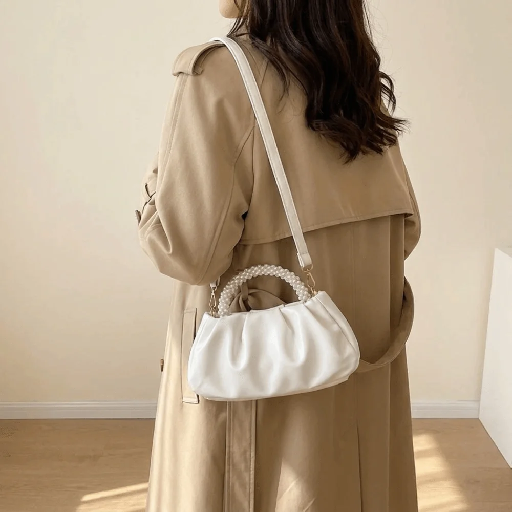 Versatile Solid Color Cloud Bag Square Imitation Pearl Women Shoulder Bag Portable Wrinkled Pearl Handbag Girls