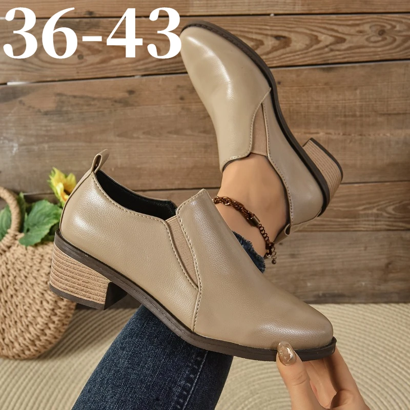 Women's Loafers Block Low Heeled Shoes Round Toe Elastic Panel PU Leather Comfortable Office Casual Shoes Slip-on Footwear