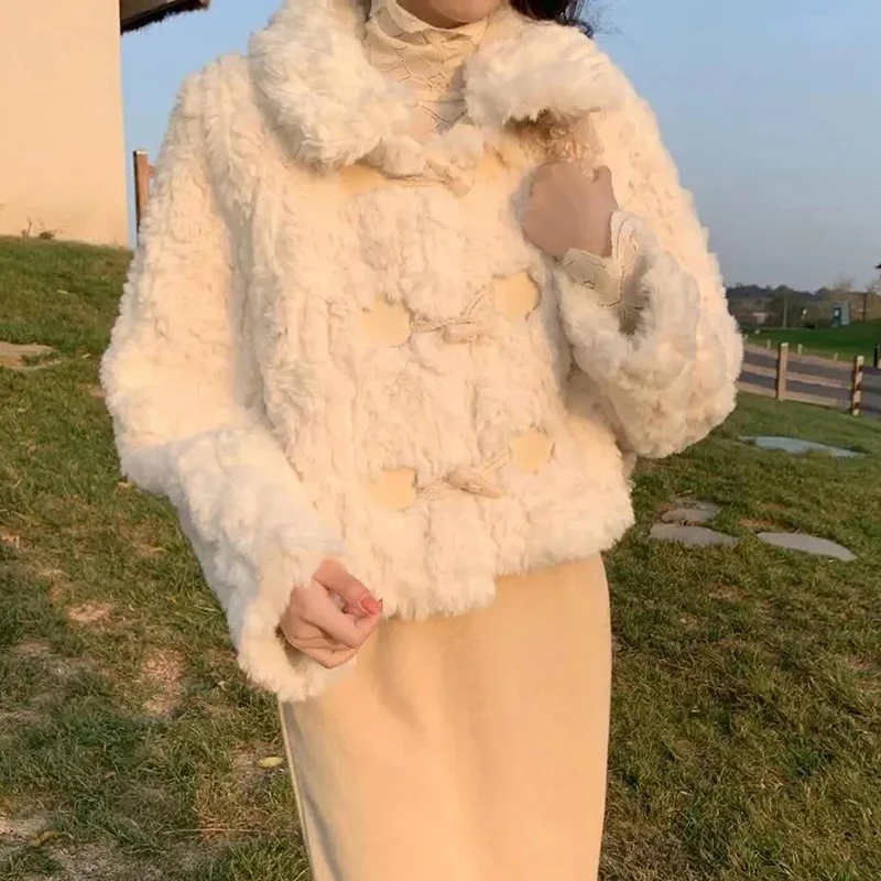 HELIAR Women Elegant Faux Fur Lamb Coats Winter Thick Sweet Korean Jackets Fashion Warm Plush Long Sleeve Casual Buttons Outwear