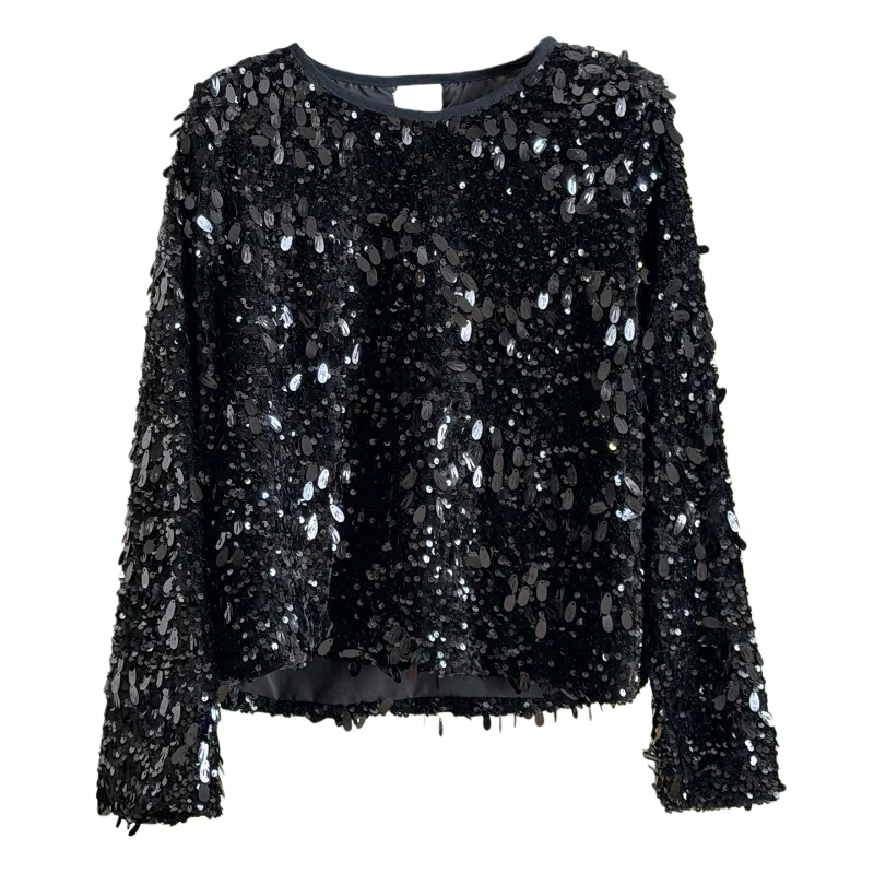 

Sparkling Round Neck Loose Shiny Long Sleeved Women's Shirt for Autumn Winter Fashion Simple Versatile French Lady Chic Top