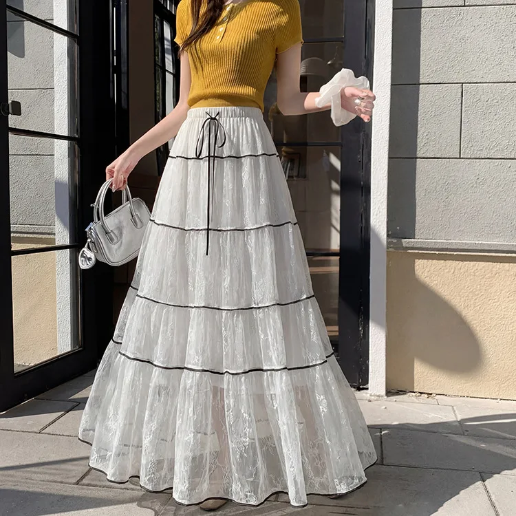 French Beige Lace Tiered Midi Skirt Women Elastic Drawstring Waist Contrast Line Cake Skirt Sweet Casual Summer Vacation Bottom