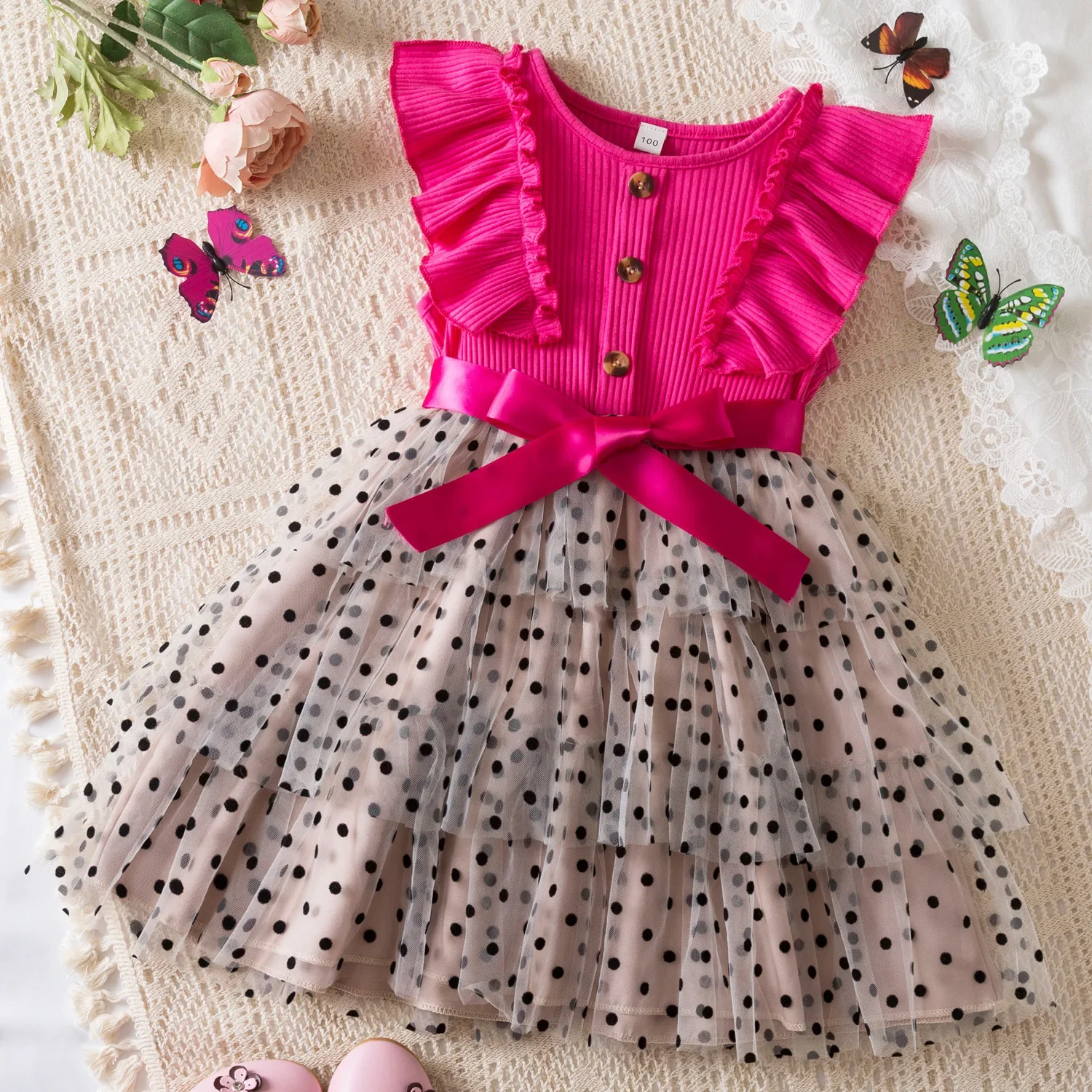 New girls' dress Flying sleeve polka dot mesh Princess dress Multi-layer mesh cake dress girls clothes  kids clothes